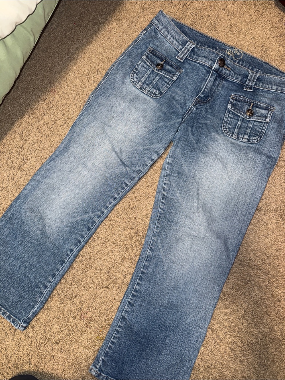 Women’s Y2K Light Blue Bootcut Capri Jeans with Button Flap Pockets